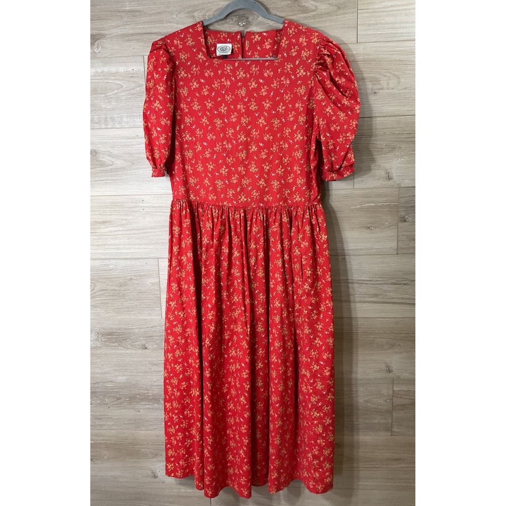 Laura Ashley Vintage Red Floral Cotton Midi Dress Puff Sleeve Cottagecore 14